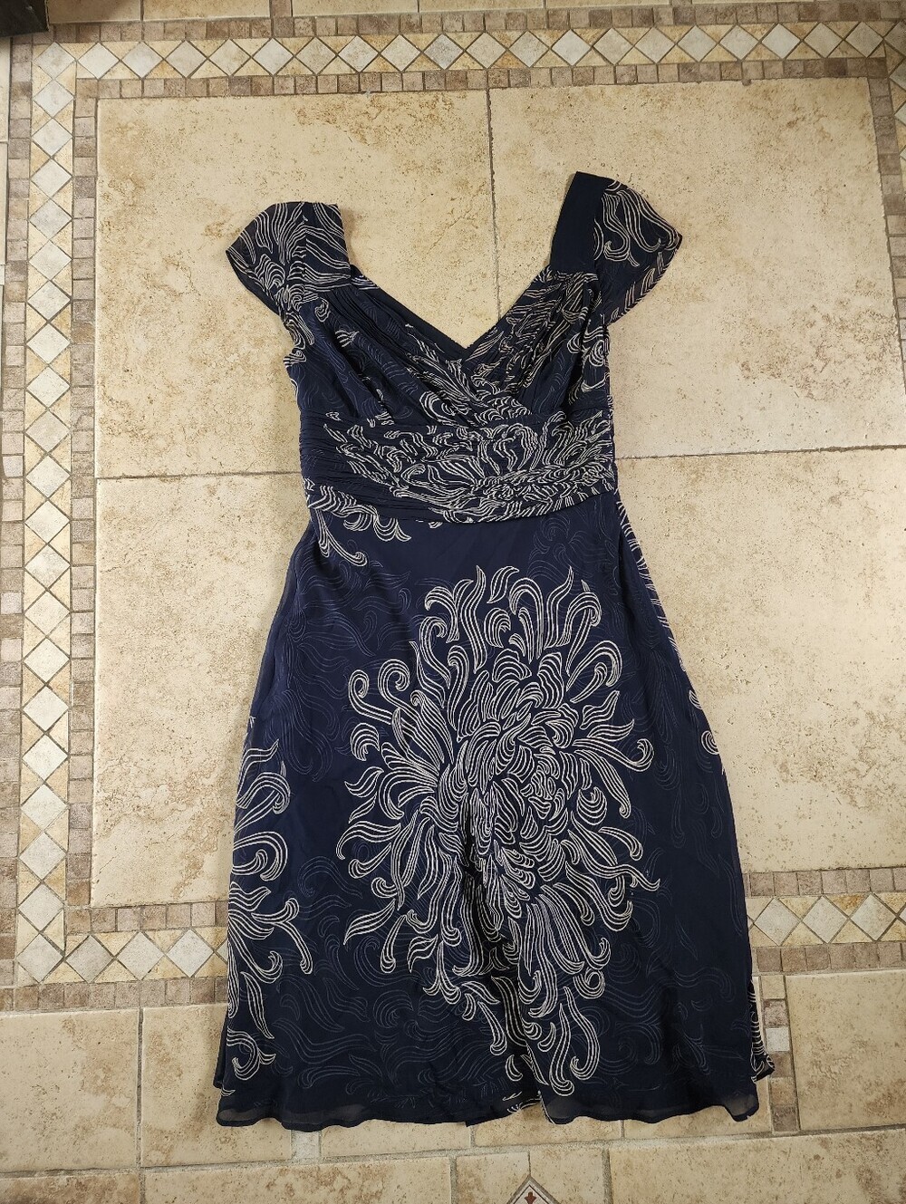 Ann Taylor Navy Blue Cap Sleeve Silk Dress with Cream Floral Scroll